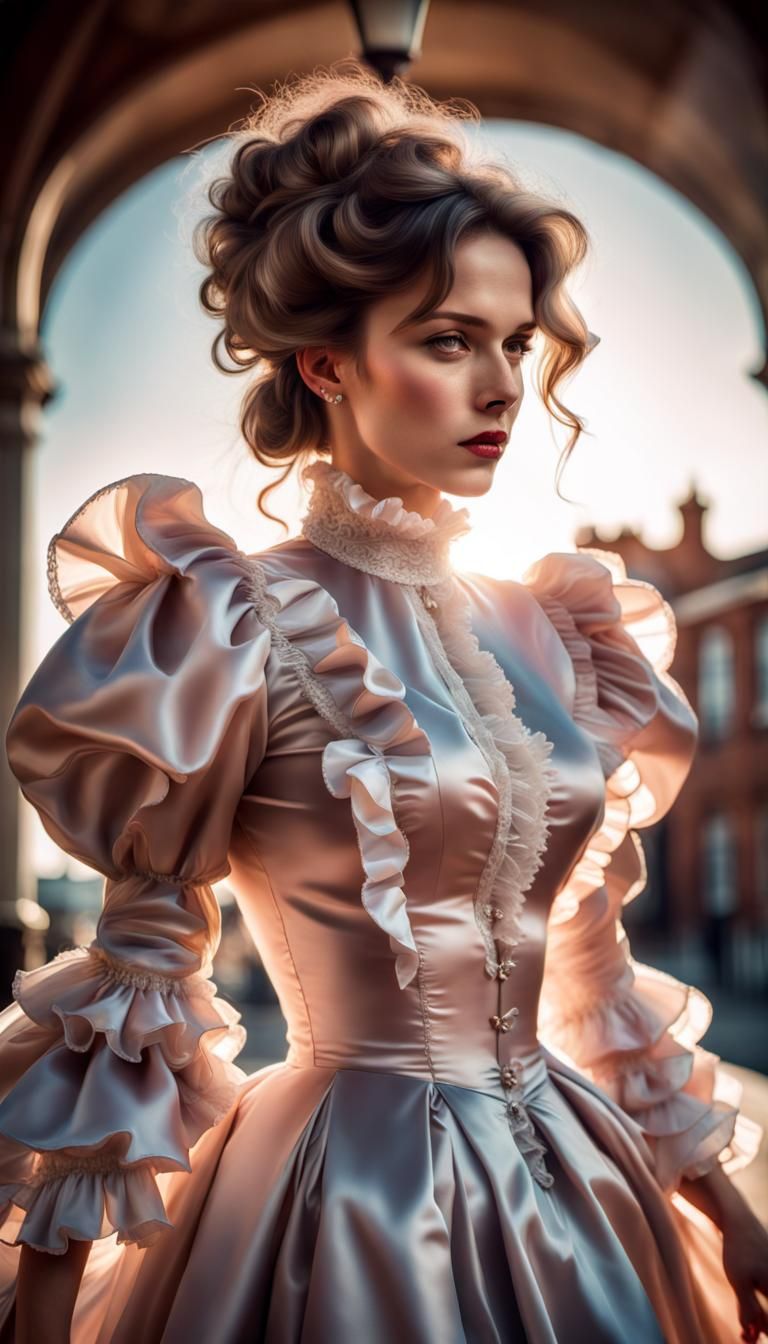 Victorian Woman in Satin Dress, Hyperrealistic Image