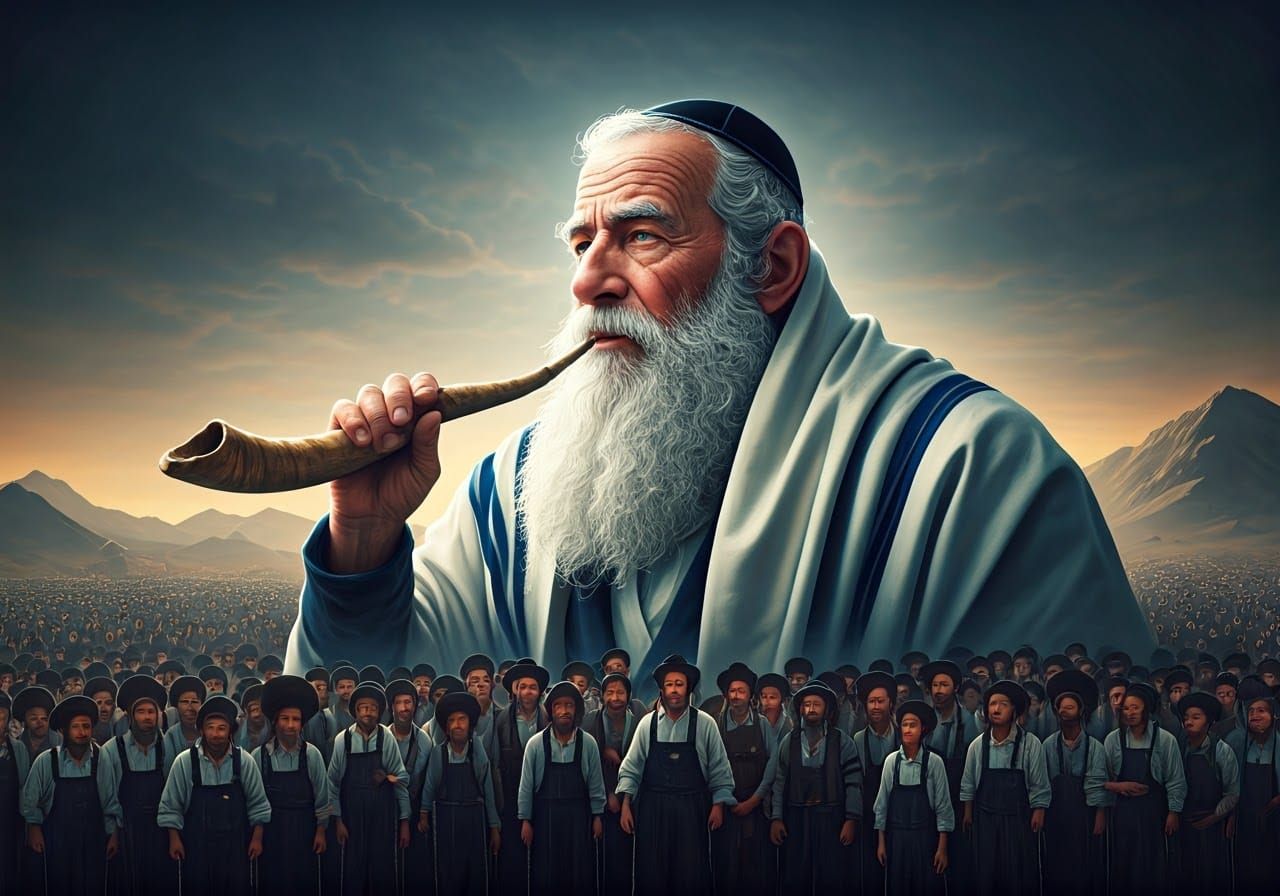 Jewish Man Blowing Shofar on Mountain, Digital Art