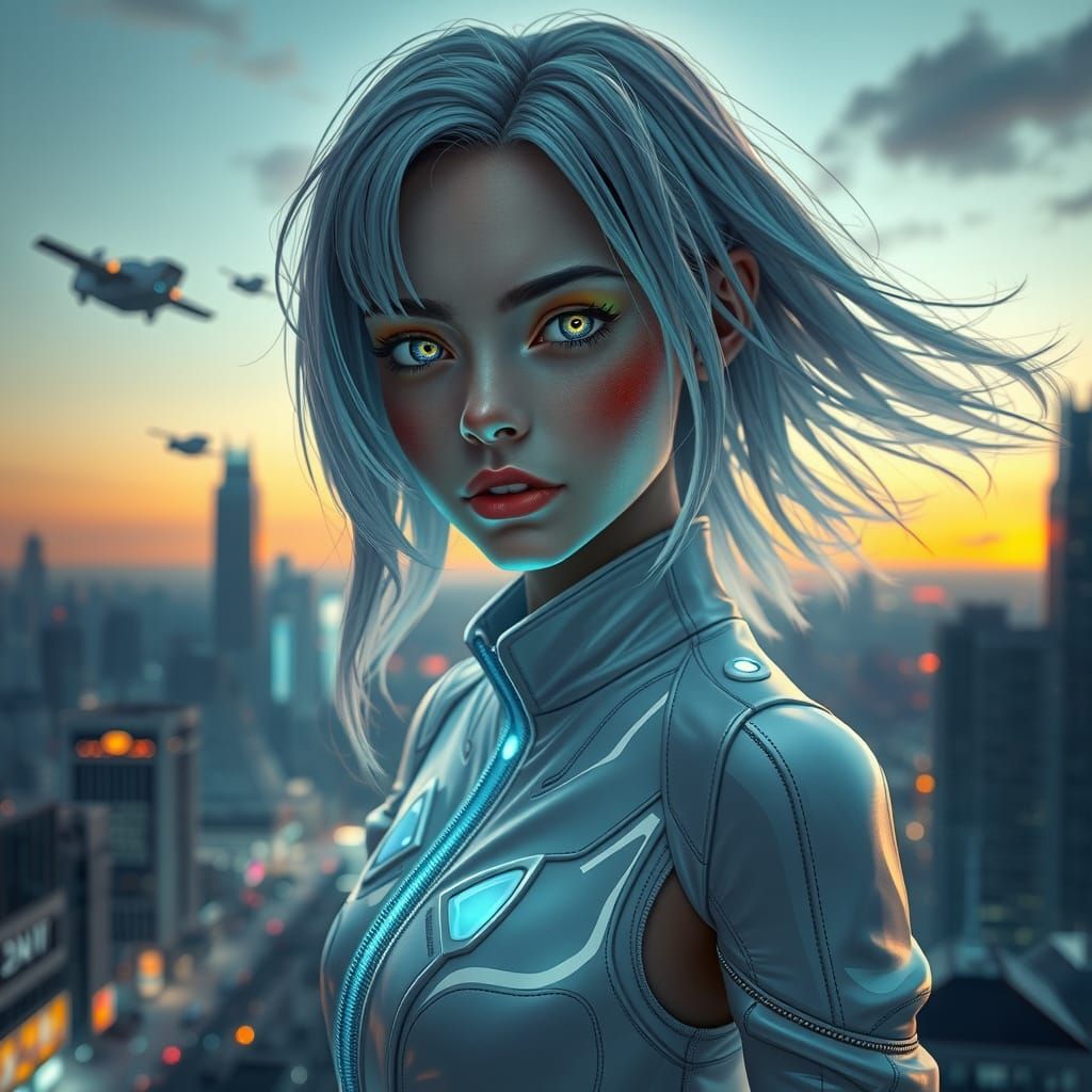 Iridescent Earthling in Holographic Neo-Tokyo, Dramatic Ligh...