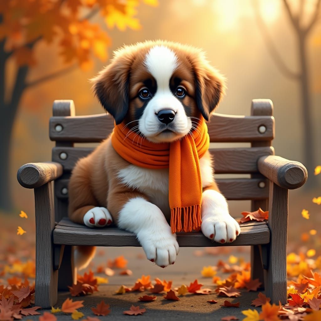 Saint Bernard Puppy in Autumnal Whimsical Illustration