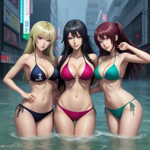 Anime Style: Three Girls in Bikinis in Rainy City