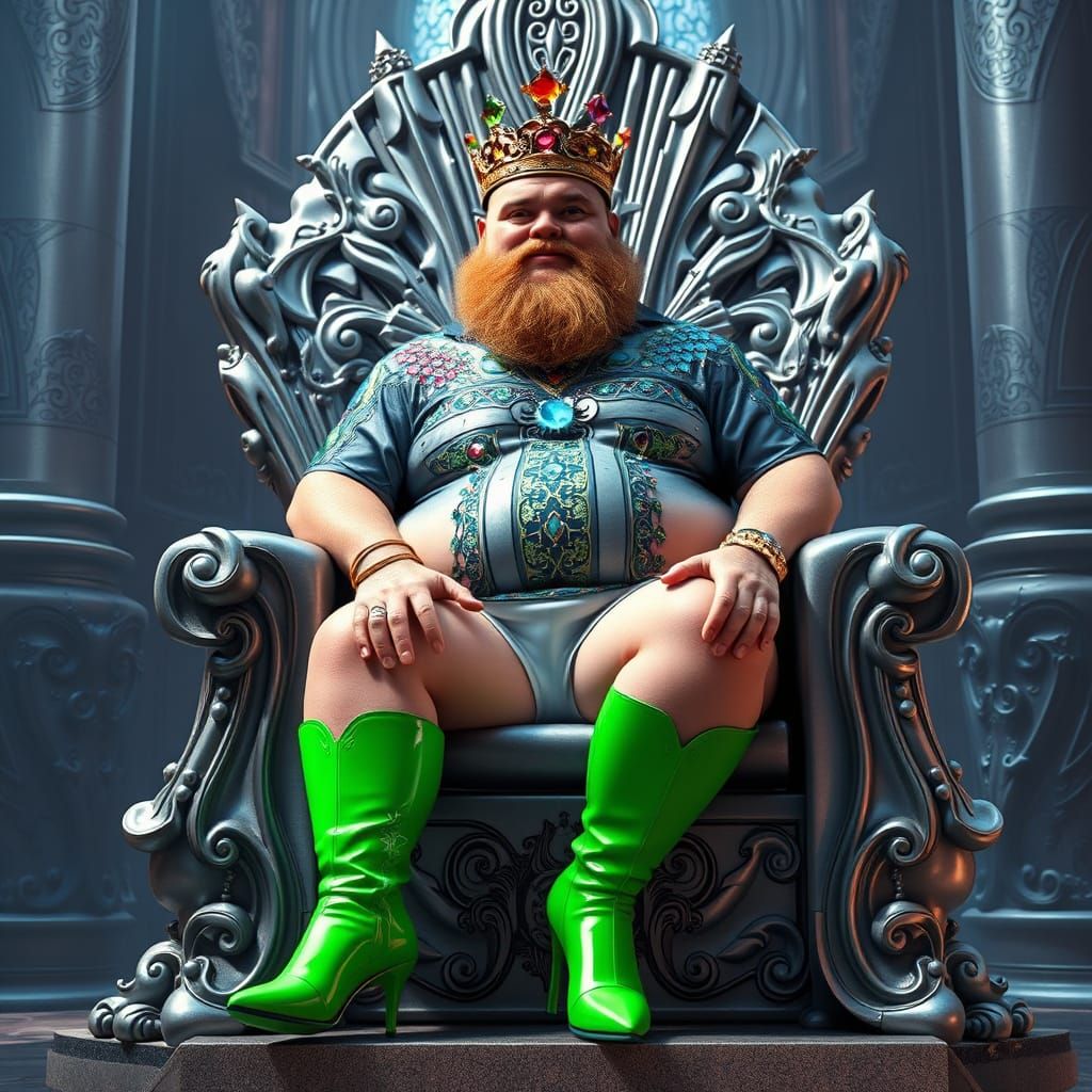 Bearded Man on Gothic Throne in Gemstone Shirt