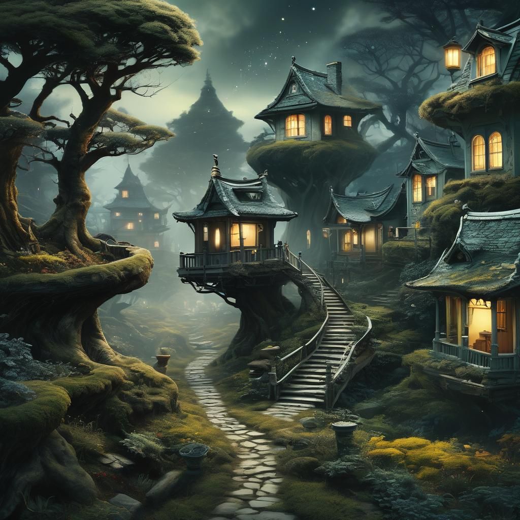 Surreal Village Dreamscape with Bonsai and Galaxies