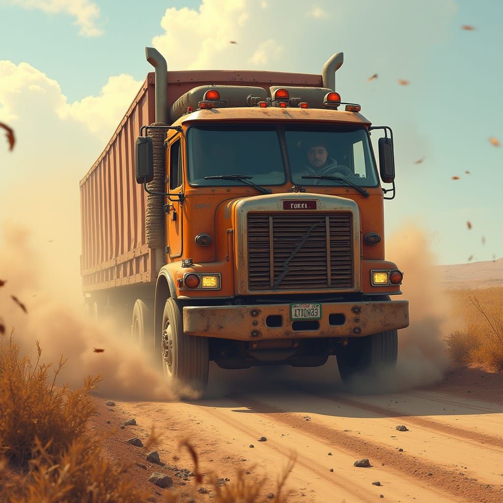 Euro Truck Speeds Down Dusty Road in Matte Painting