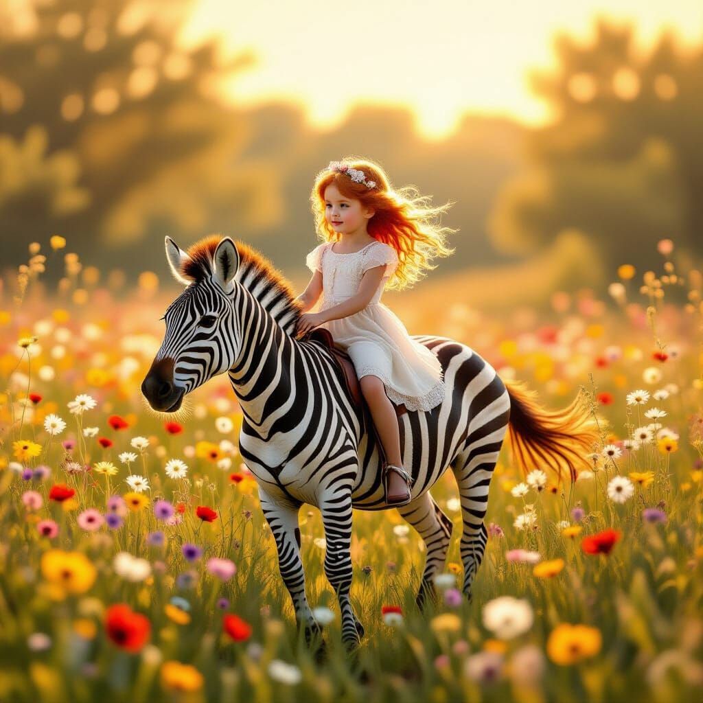 Girl Rides Zebra in Sunlit Flower Meadow