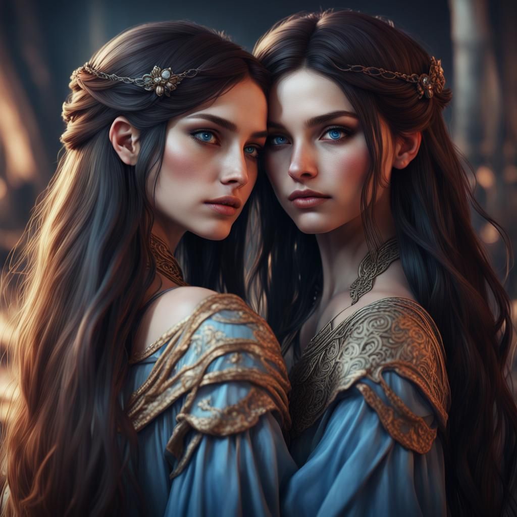 Sisters' Embrace: Detailed Fantasy Concept Art