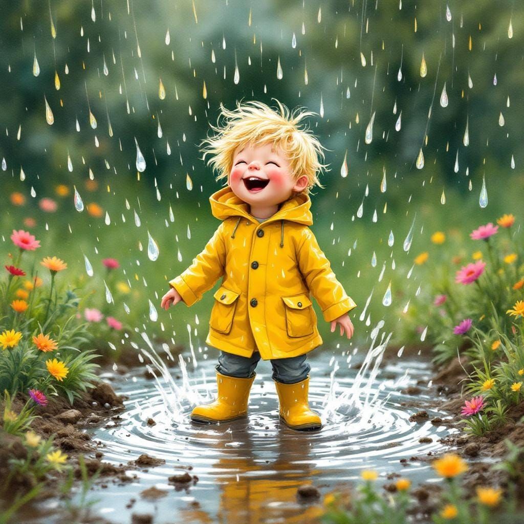 Boy in Raincoat Splashing, Beatrix Potter Style