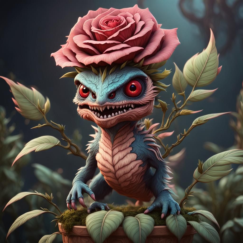 Cute Plant Raptor with Rose, Digital Matte Painting