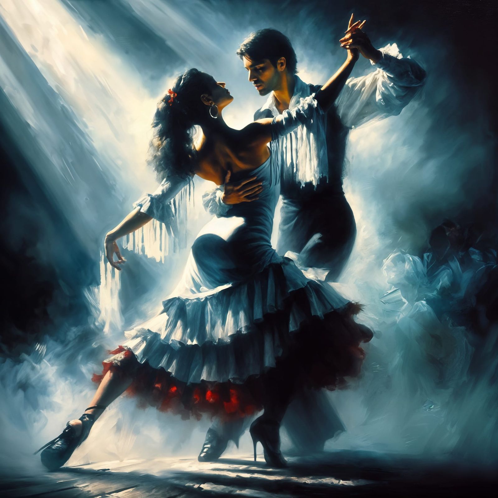 Spirited Hispanic Couple Performing Salsa Dance in Tenebrism...