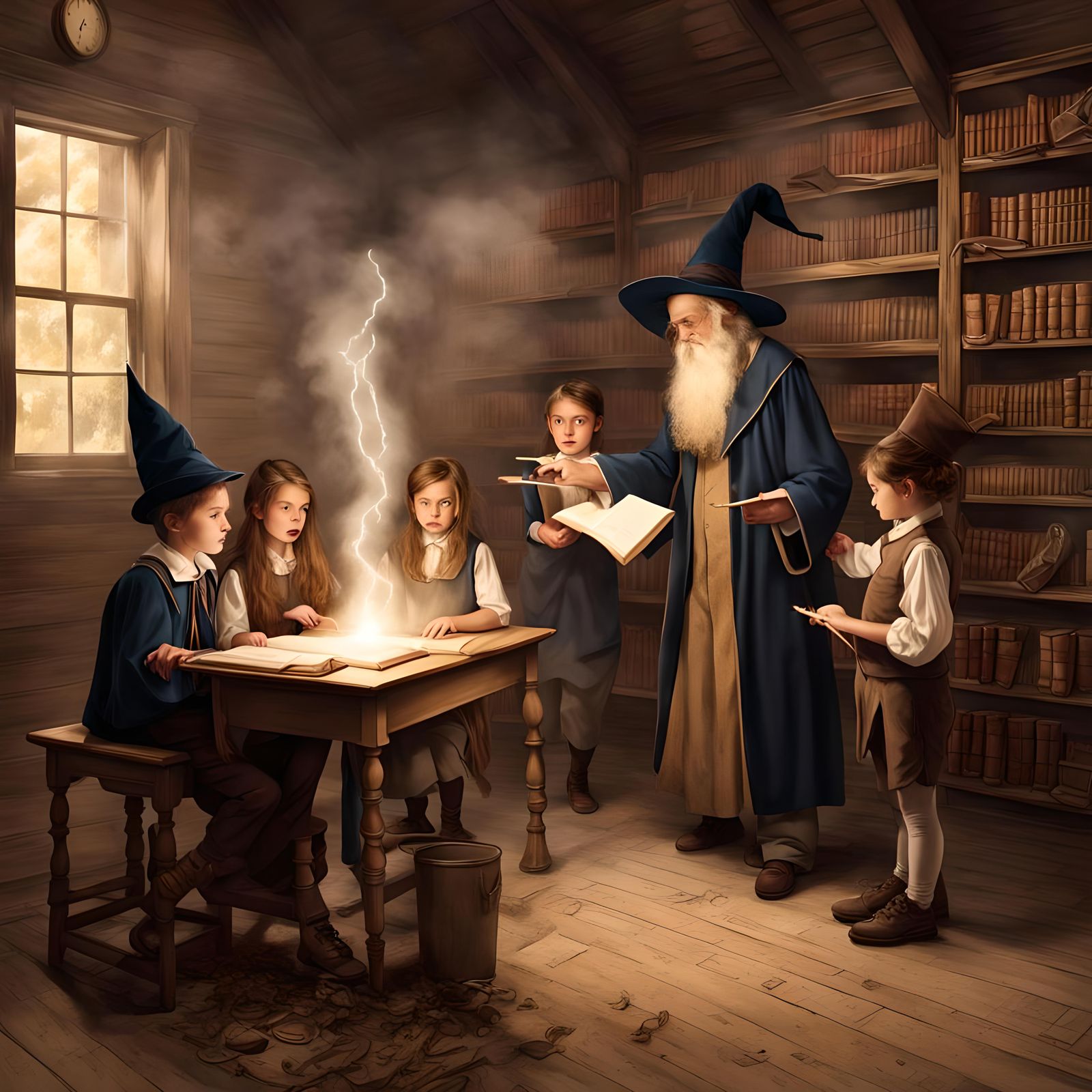 Hogwarts classroom, spellcasting class, by arthur rackham an...