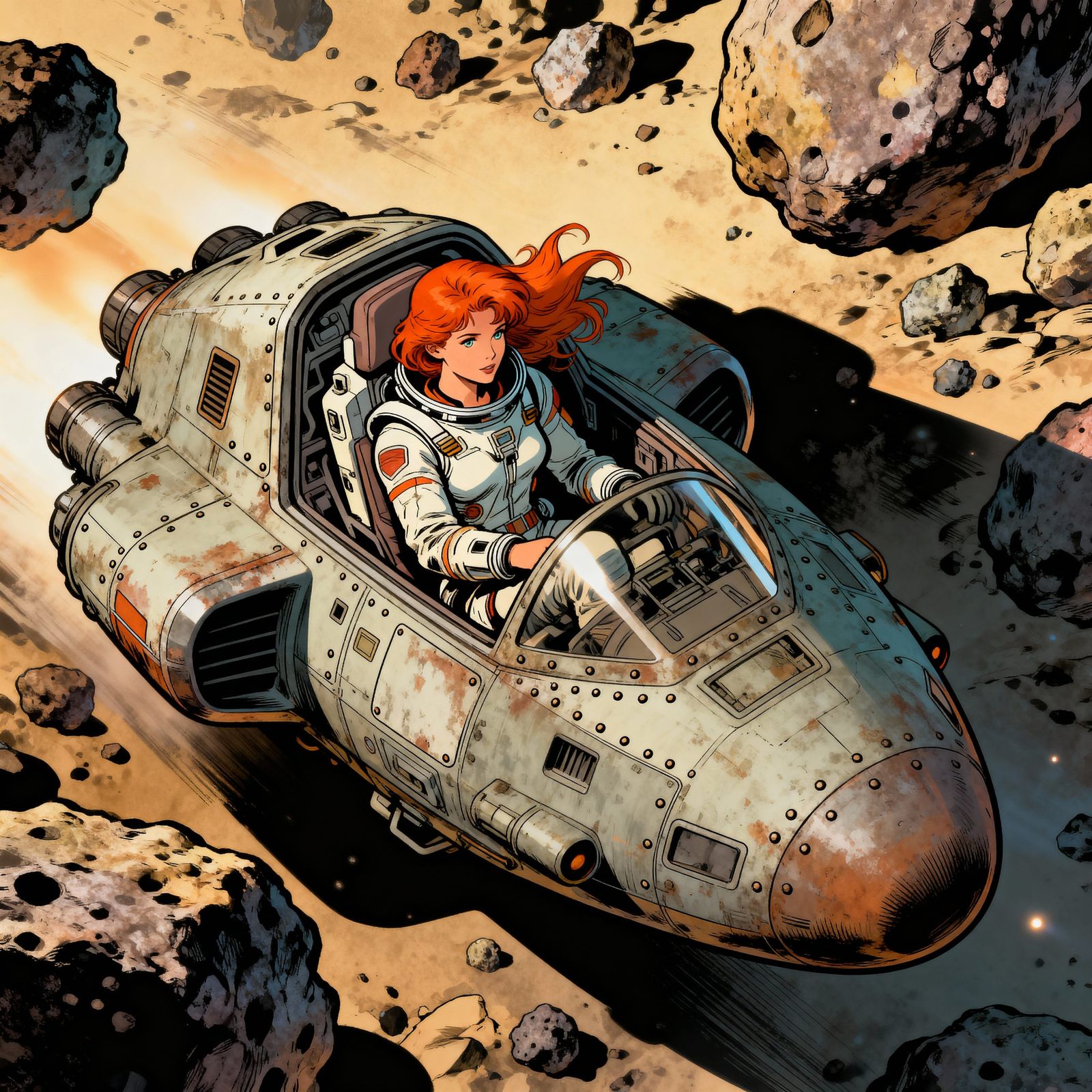 Ginger Astronaut Navigates Asteroid Field in Comic Style