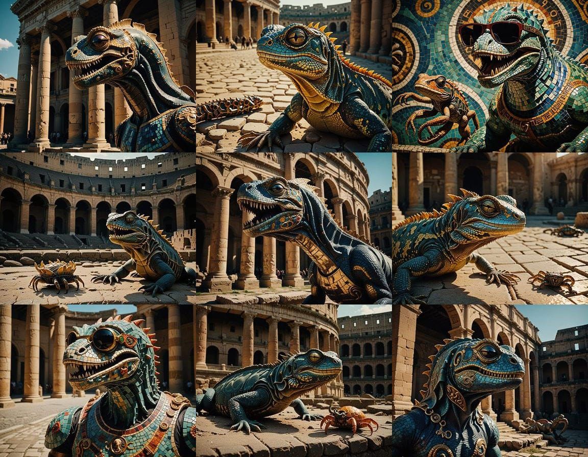 a close up of a mosaic with a lizard on it, single tentacle,...