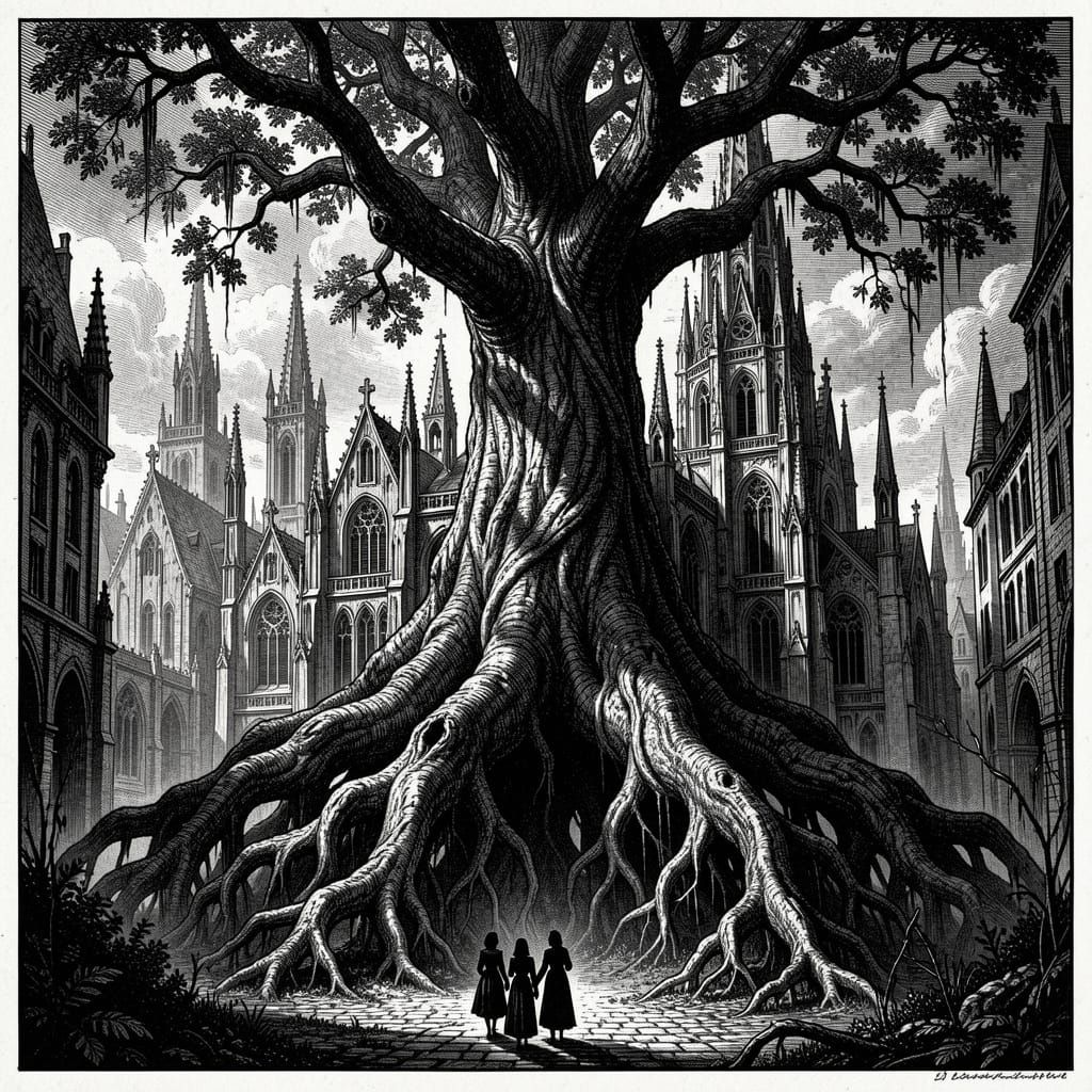 Colossal Tree Merges with Gothic City Architecture