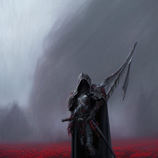 Gothic Death Knight in Crimson Rose Field