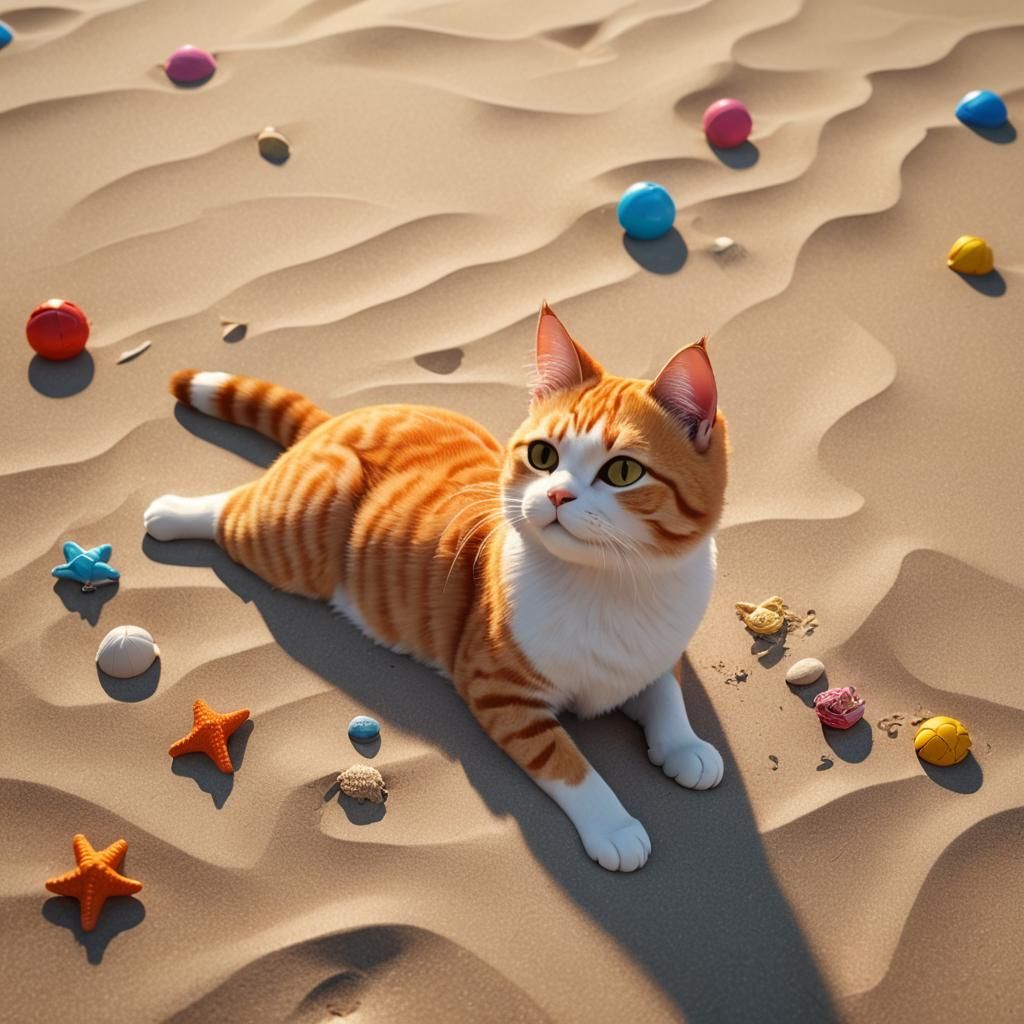 Cute Cat Sunbathing on a Beach: 3D Digital Art