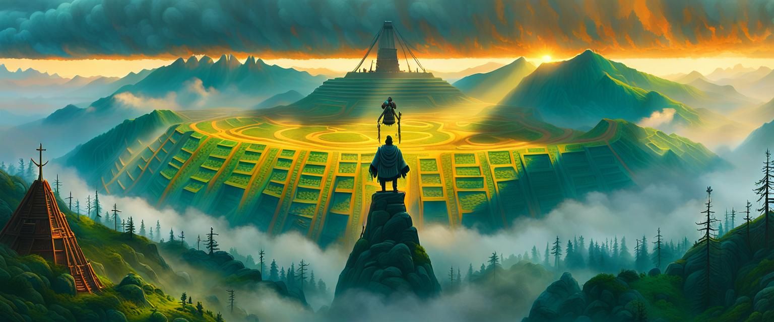 Aztec Warrior on Mountain Peak Digital Painting
