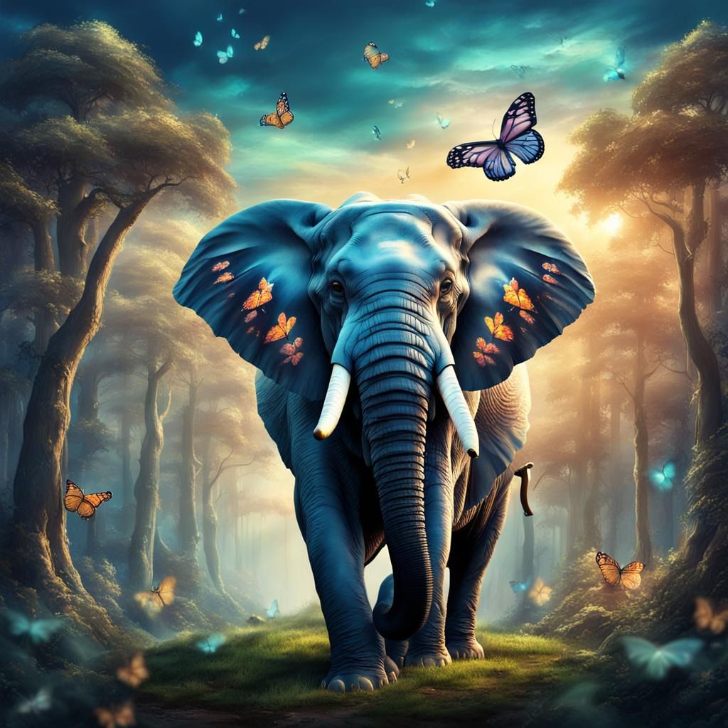 Fantasy Elephant with Butterfly Wings Over Forest