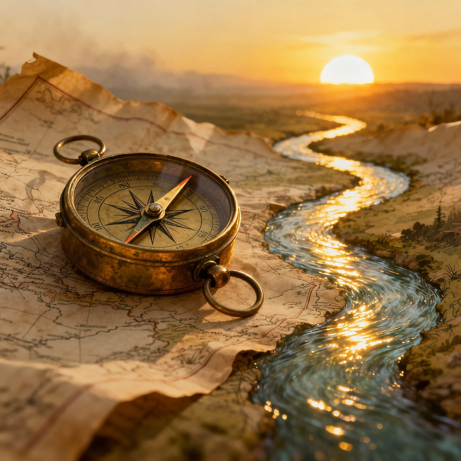 Vintage Compass on Map Pointing North Towards Sunrise