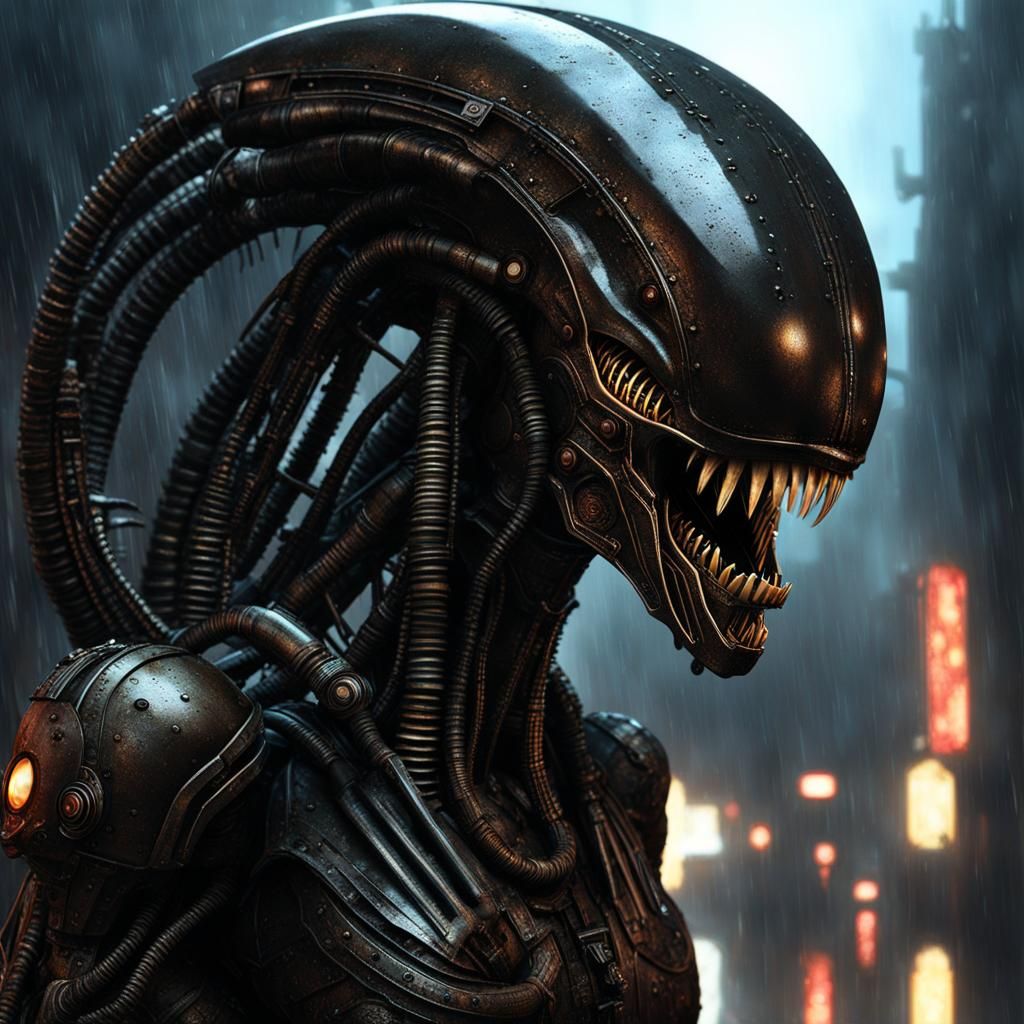 Dieselpunk Xenomorph in Post-Apocalyptic Cityscape