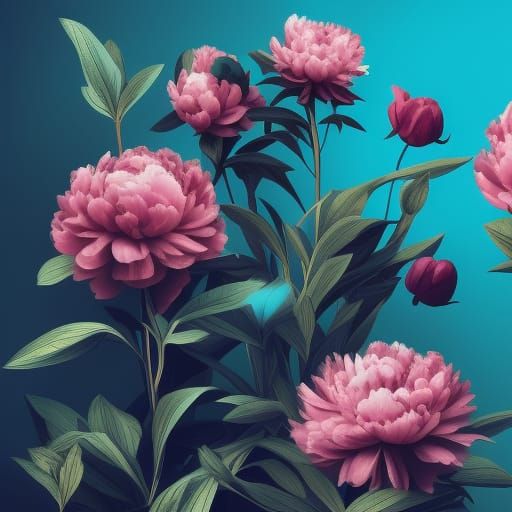 Detailed Digital Illustration of Bright Peonies