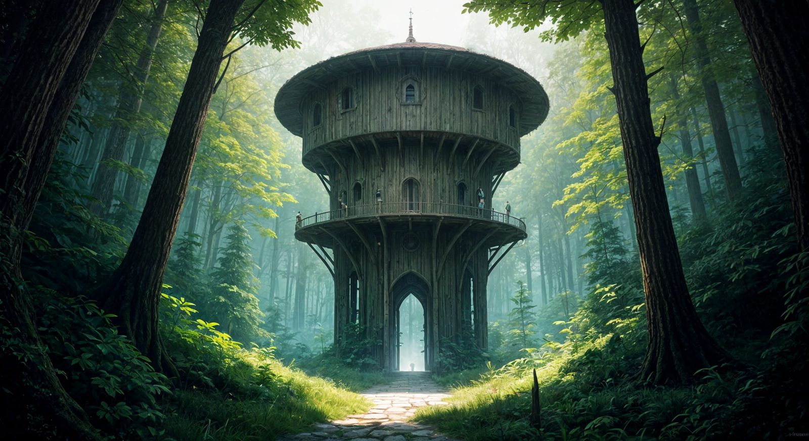 Fantastical Wooden Tower in a Green Forest