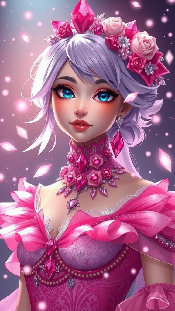 Anime Girl with Glitter Hair and Magical Crystals