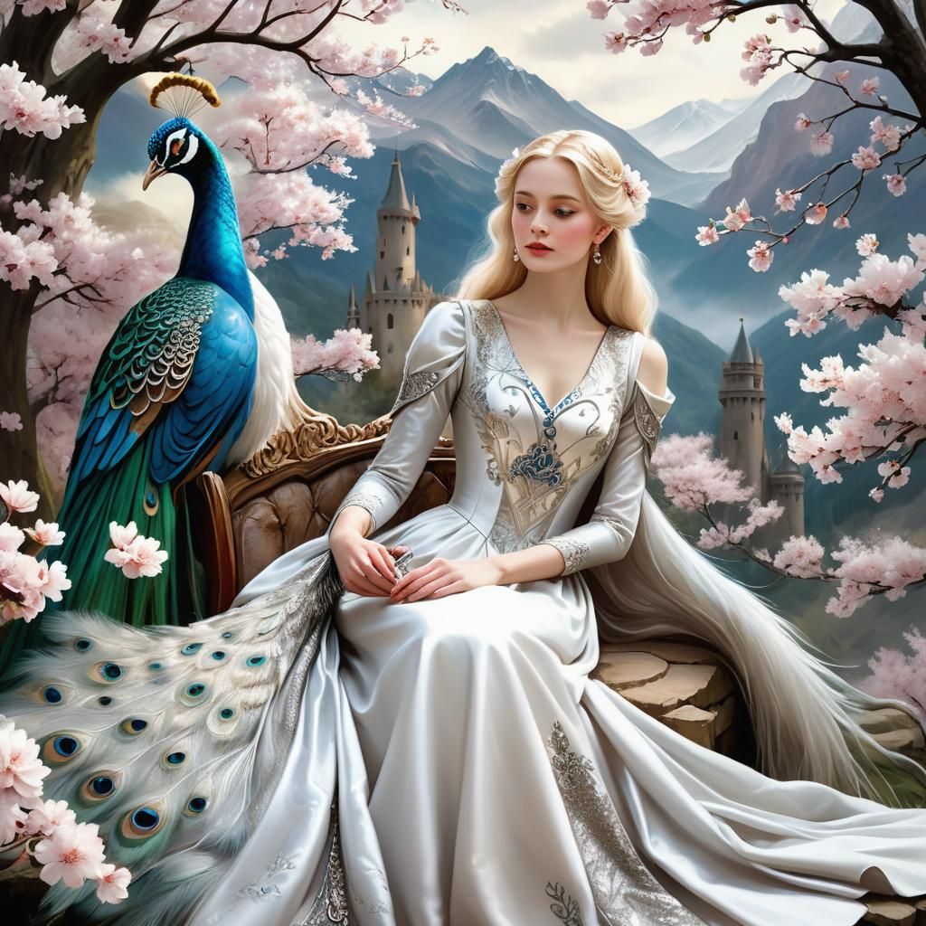 Medieval Princess with Peacock in Pre-Raphaelite Style