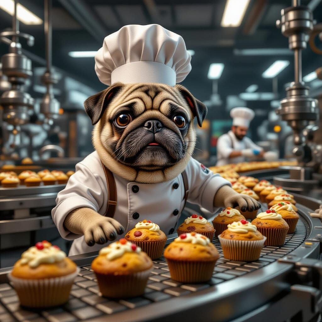 Pug Chef in Muffin Factory Matte Painting