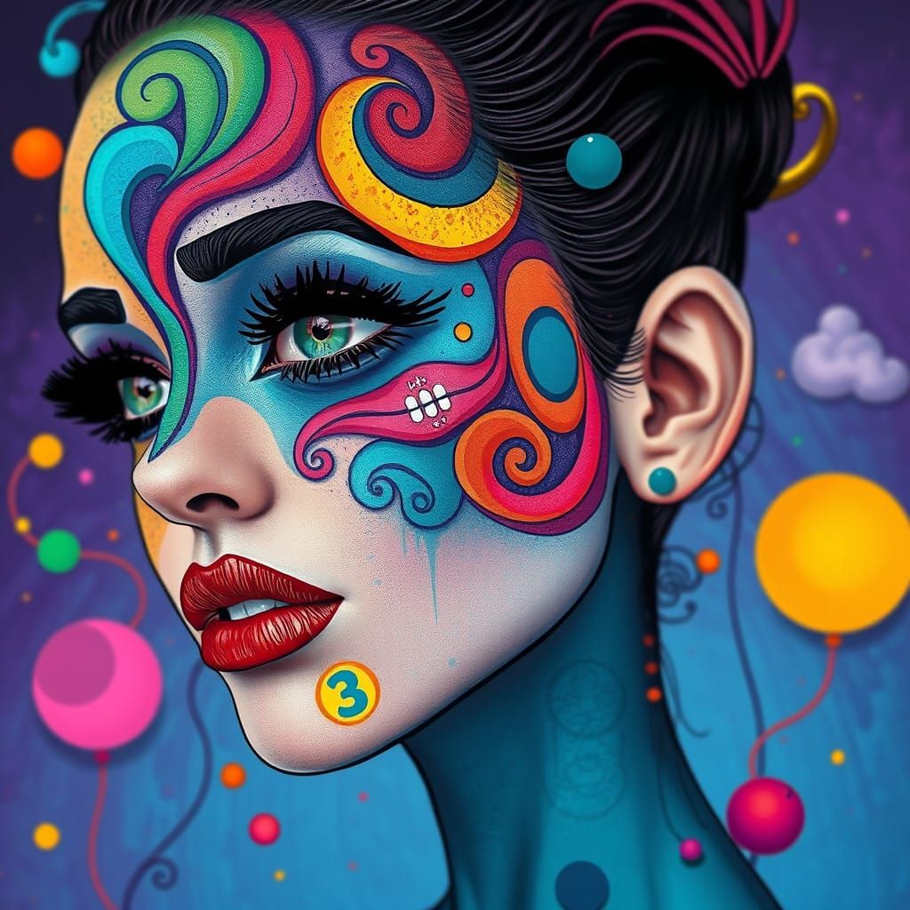 Vibrant Whimsical Woman with Swirly Makeup Designs