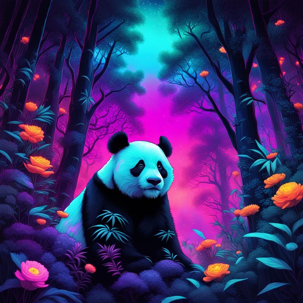 panda roaming  free in a surreal and dreamy night  forest filled with vibrant neon glowing flowers