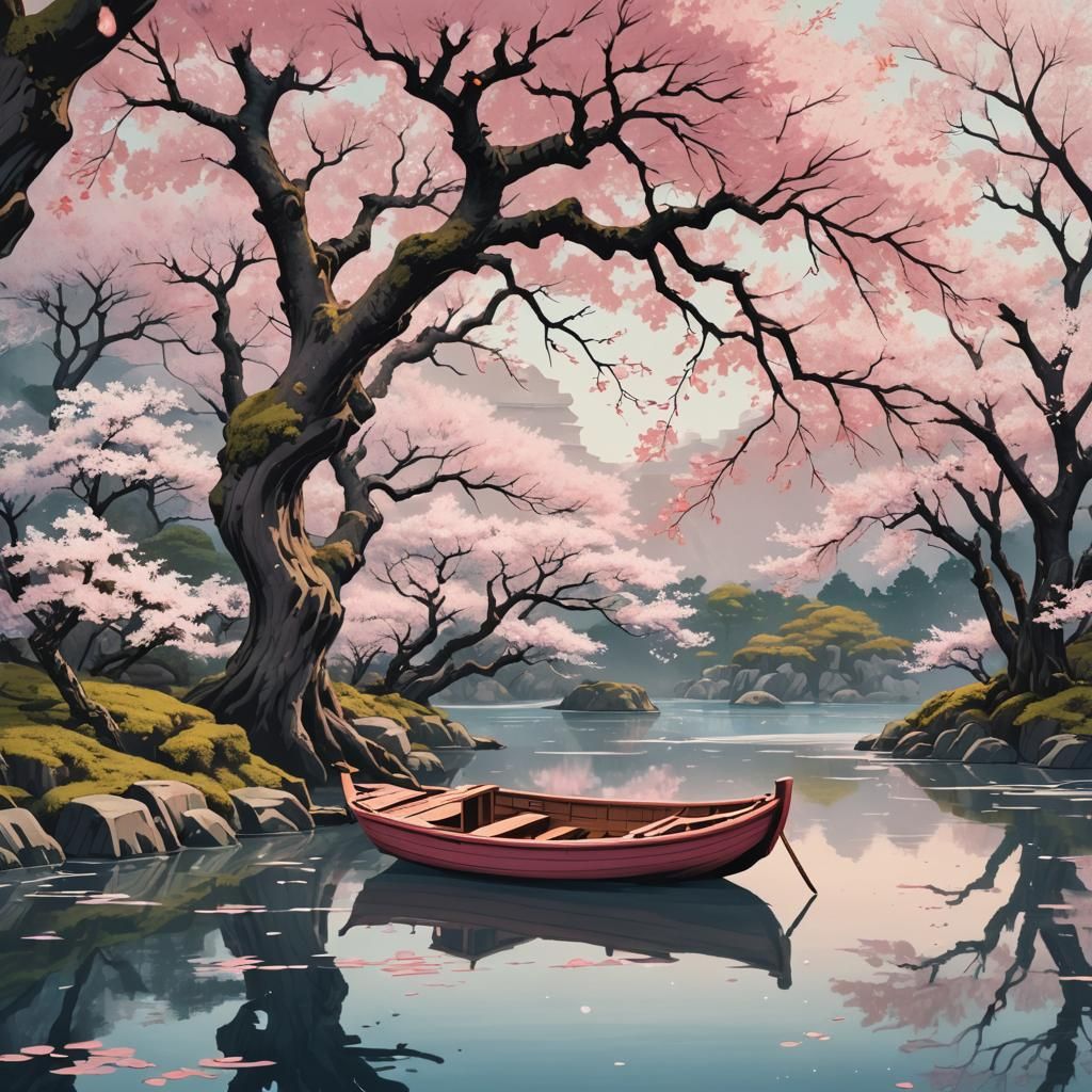 Ukiyo-e River Scene with Pink Leaves