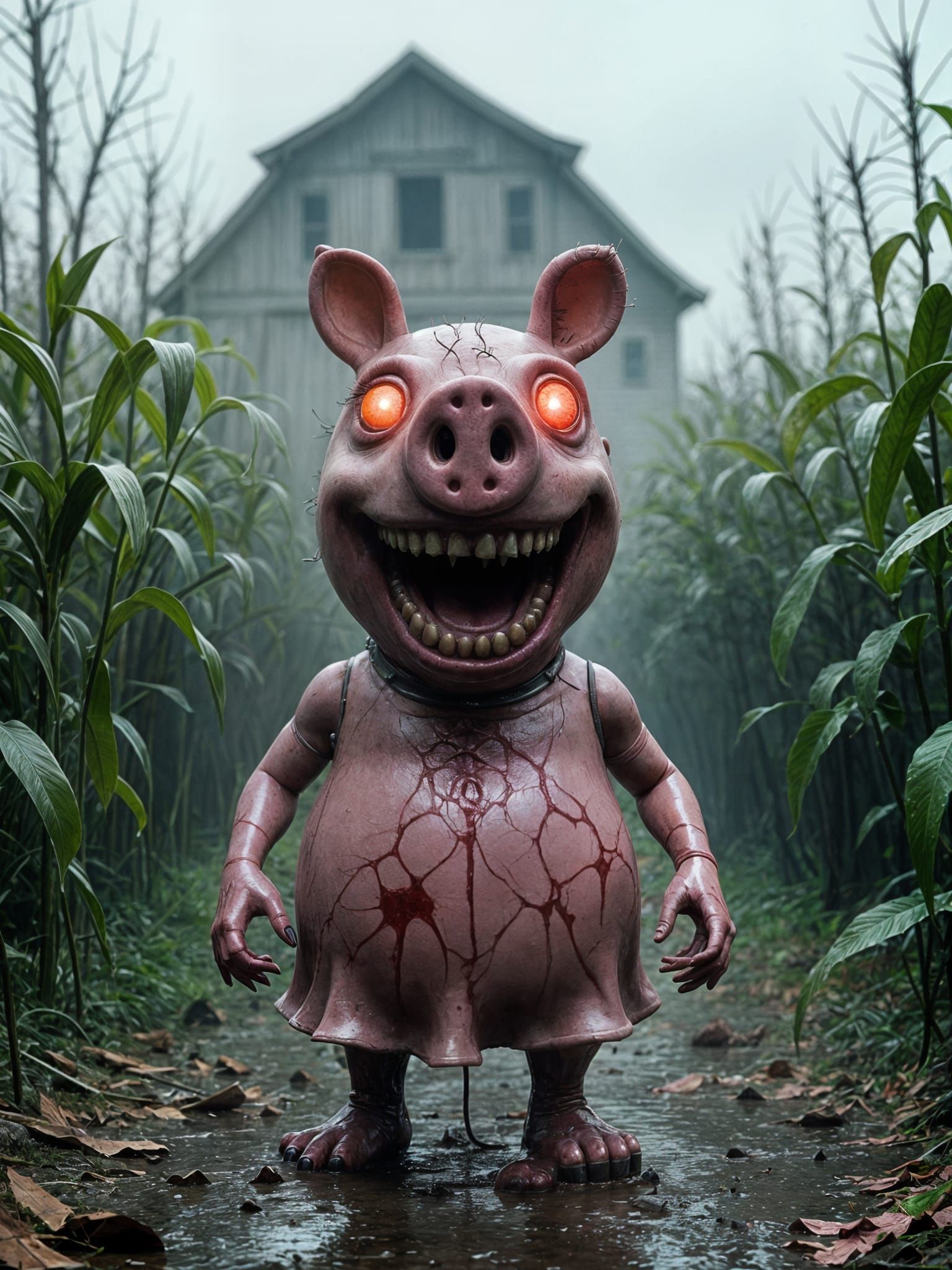 Grotesque Peppa Pig Haunts a Haunted Farm in Dark Horror Art