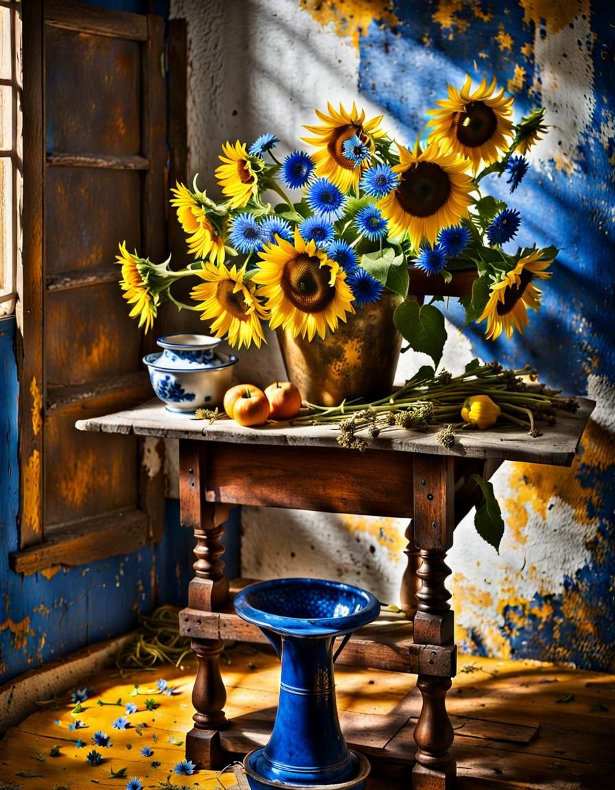 Sunflowers and Delft Blue Flowers Still Life