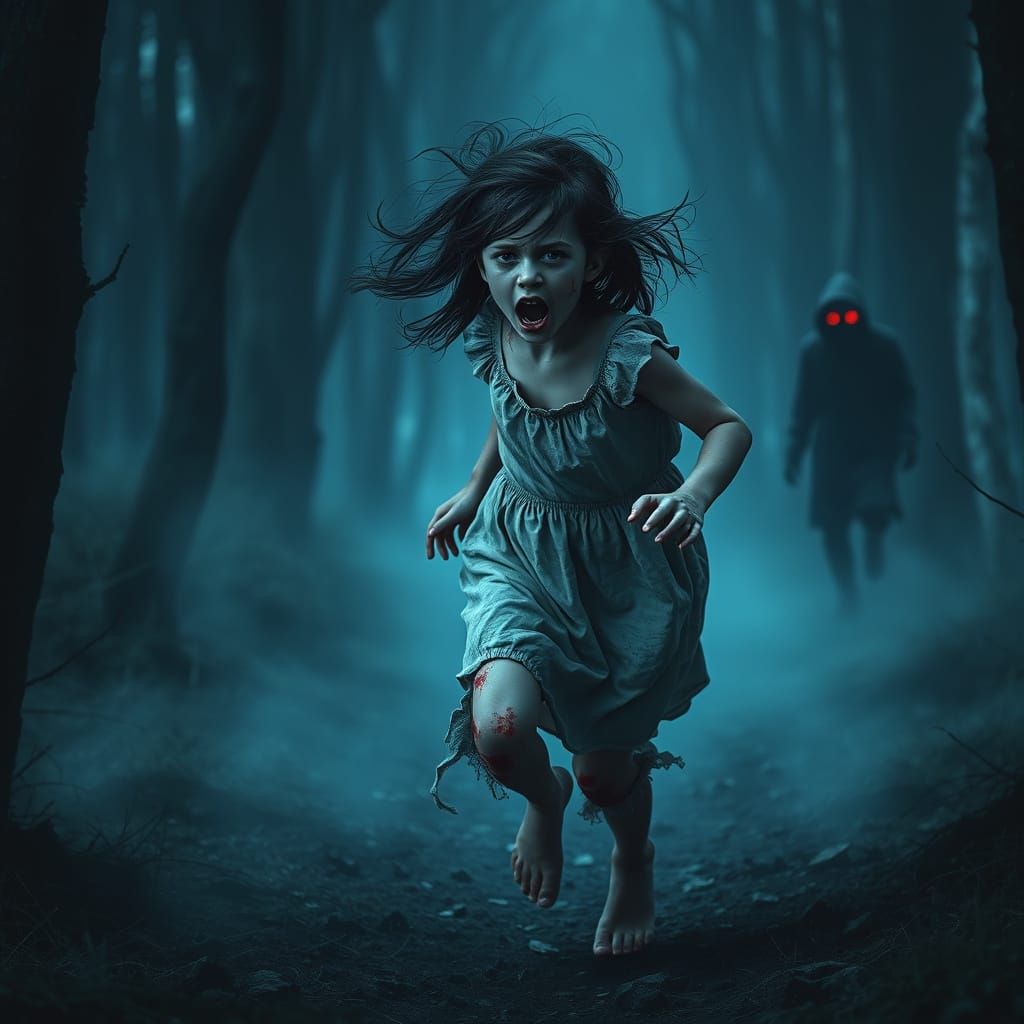 Terrified Girl Running Through Haunted Forest