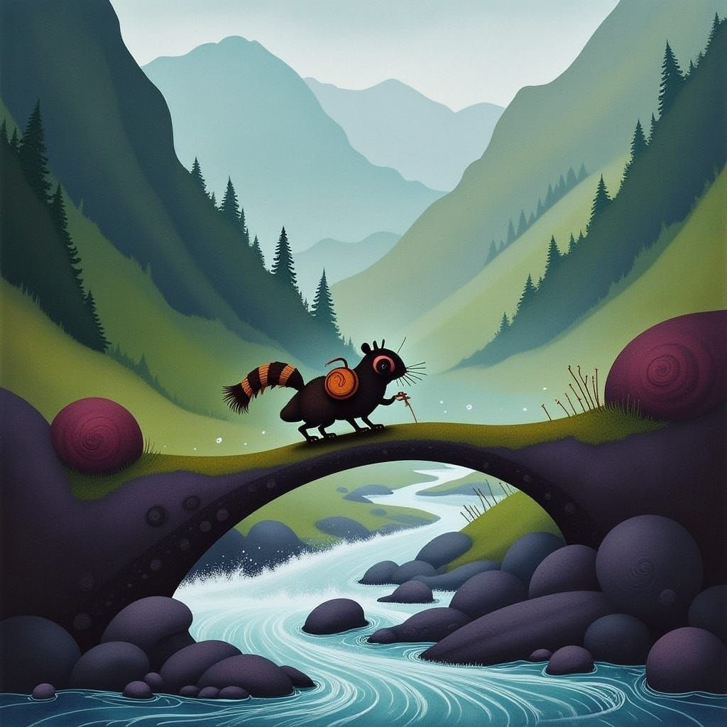 A raccoon adventurer navigating a rocky path by a rushing mo...