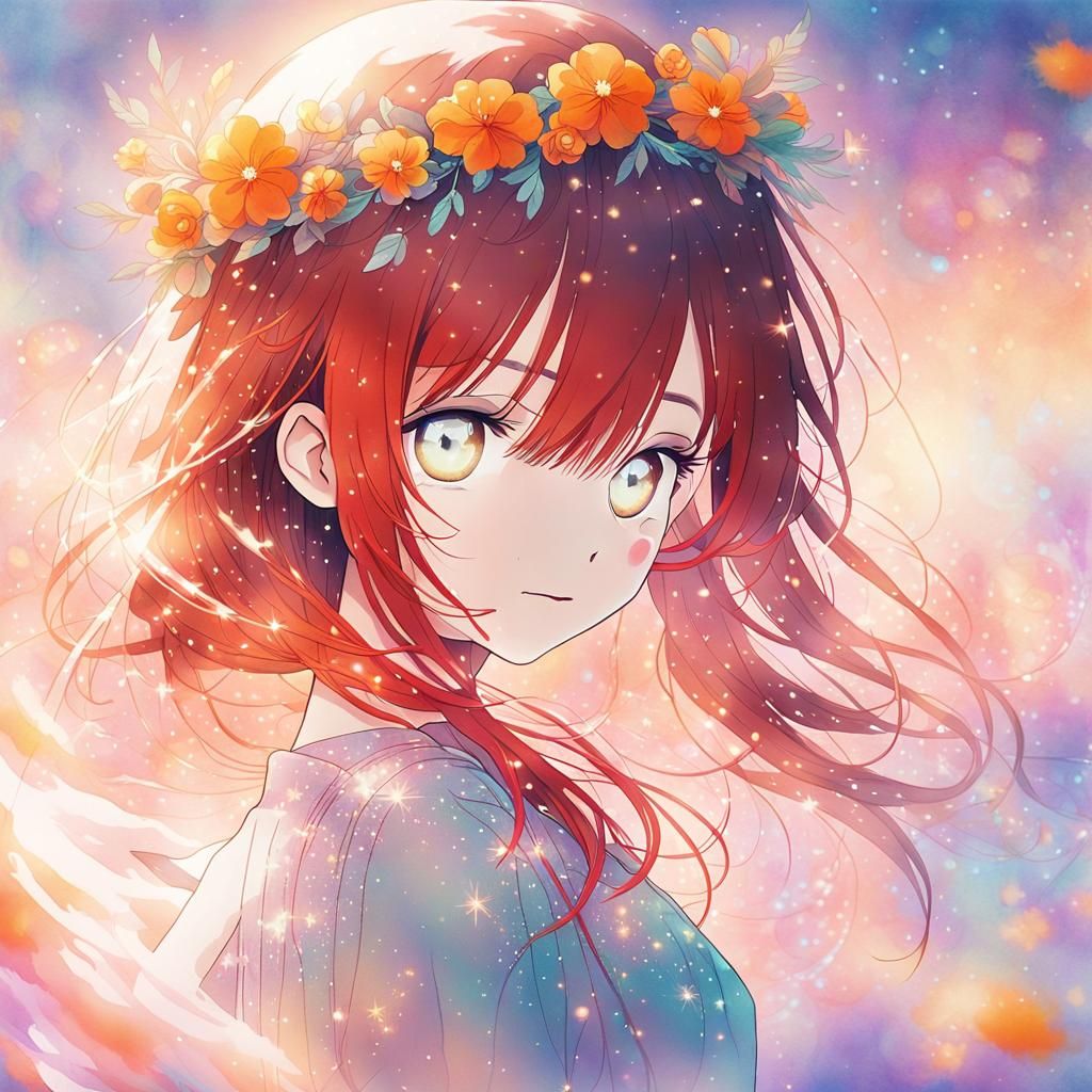 Anime Girl with Red Hair in Watercolor Style
