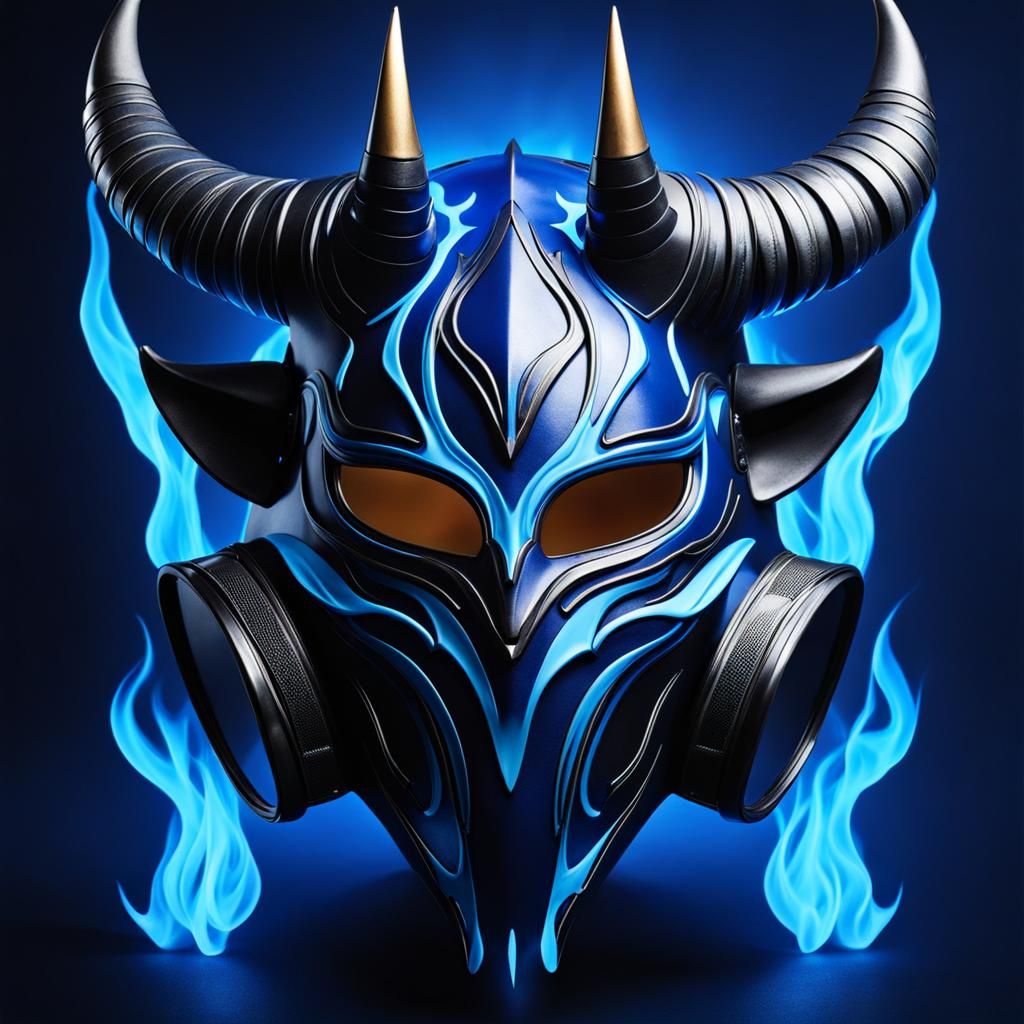 Fiery Horned Mask in Blue Flames