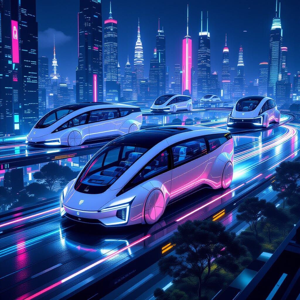 Futuristic AirVans Soar Through Neon Cityscape