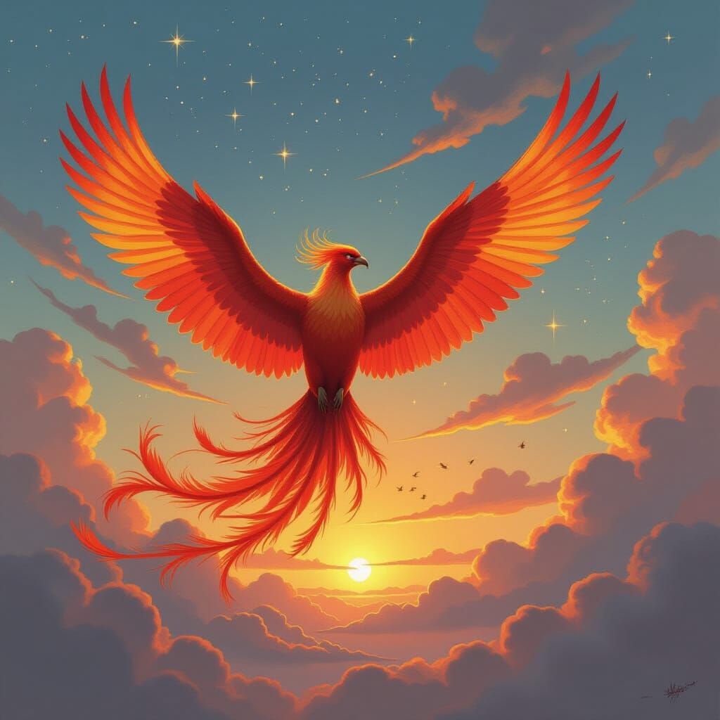 Phoenix Soaring in Twilight Sky, Fantasy Art