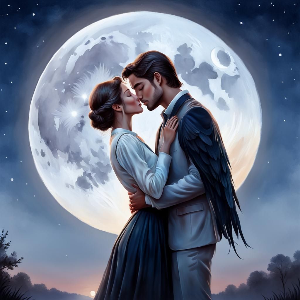 Lovers Kissing Under Moon in Watercolor Style
