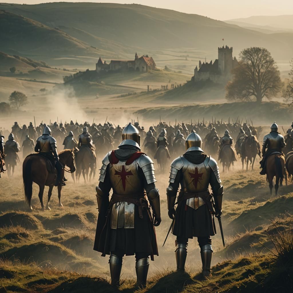 Epic Knights Templar in Battle-Scarred Landscape