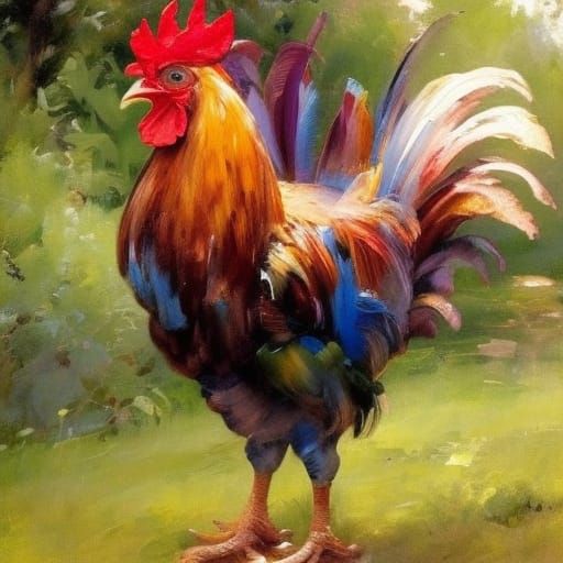 Colorful Rooster in Farmyard Oil Painting