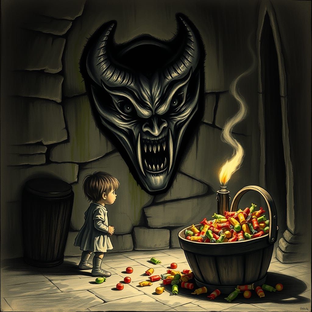 Horrifying Demon Face & Candy Bucket in Dark Room
