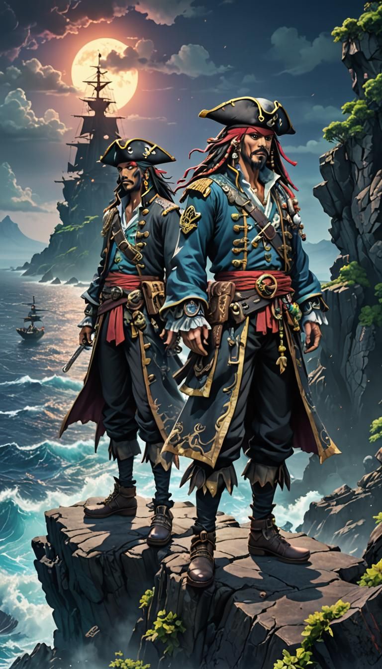 Anime Pirates on Cliffside Overlook at Sunset