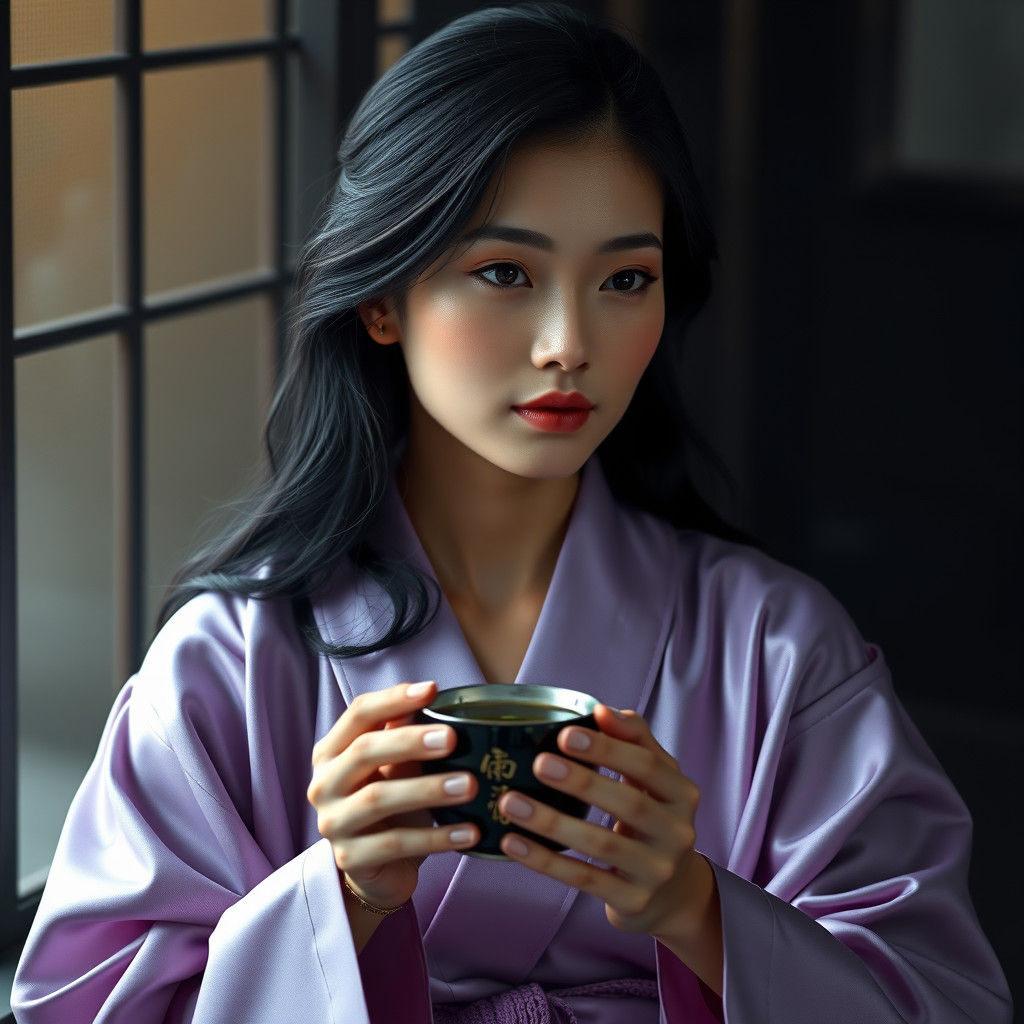 Serene Woman with Jasmine Tea: Hyperrealistic Portrait