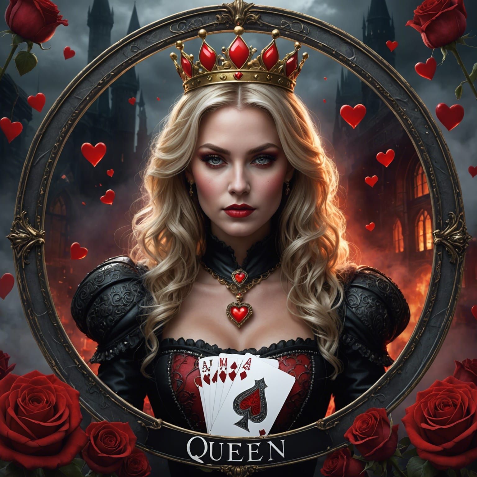 Photorealistic Fantasy Queen of Hearts in Round Frame