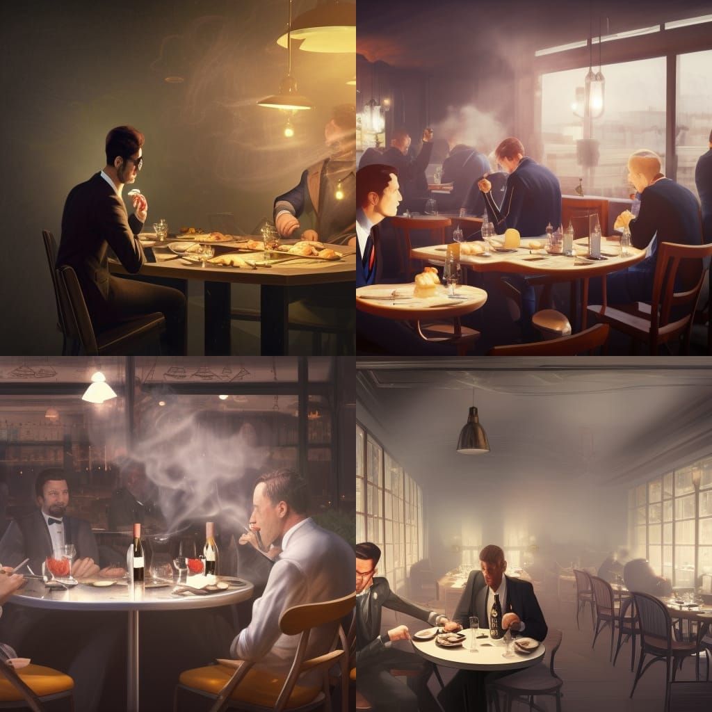 French Restaurant Scene in Orange and Teal