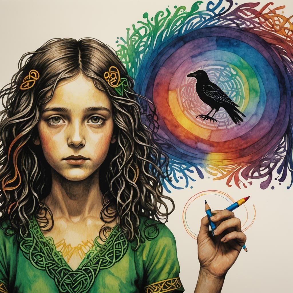 Celtic Raven Silhouette in Crayon with Fairy