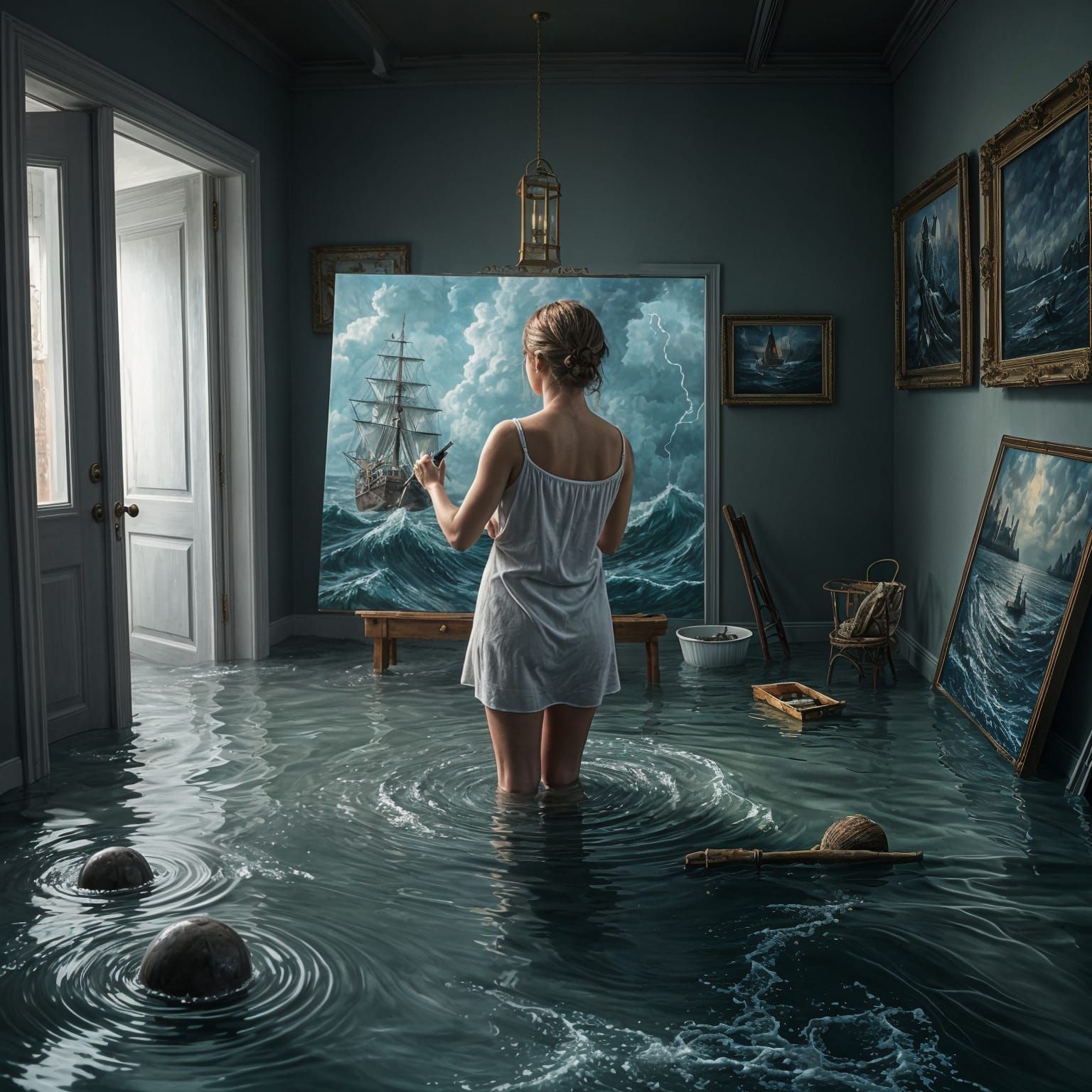 Woman in Surreal Seascape, Painting a Stormy Ship