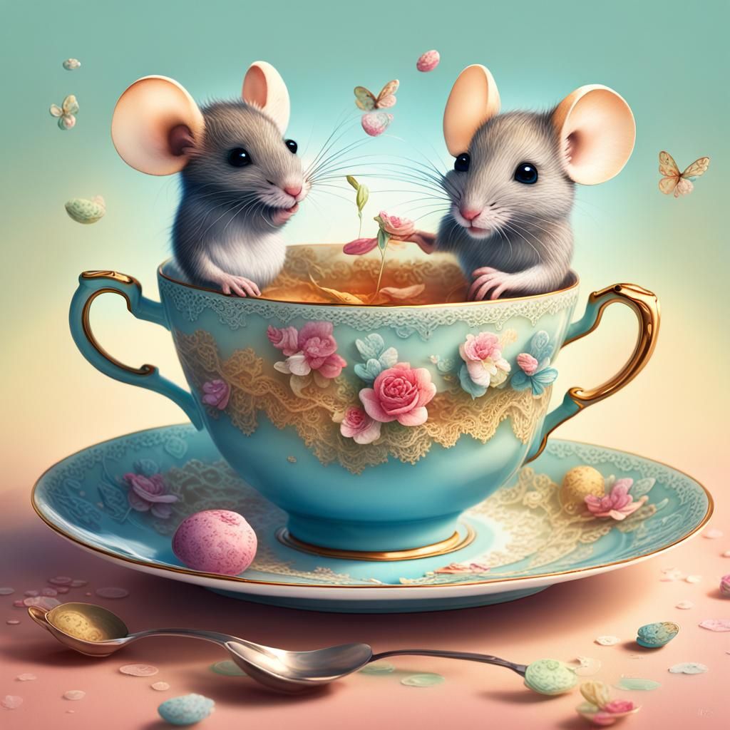 Mice Tea Party in Teacup: Hyperrealistic Splash Art